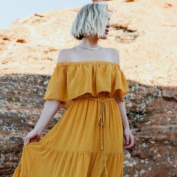 Baltic Born - Swiss Dot Mustard Maxi Dress (M) - Picture 1 of 5